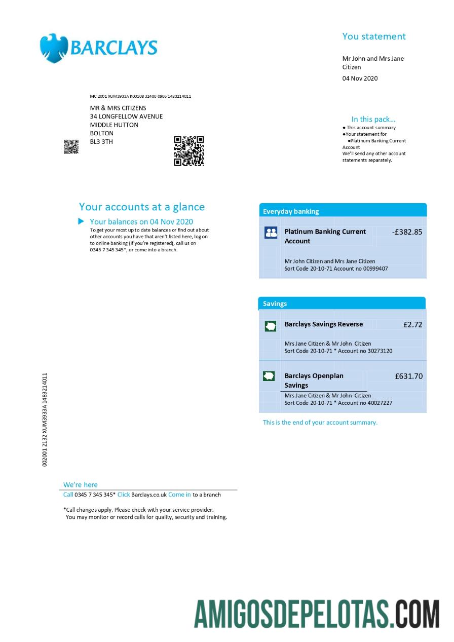 realista Modelo de fatura de serviços públicos do Barclays do Reino Unido em formato Word e PDF